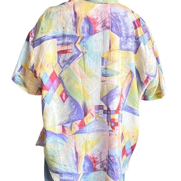 Vintage 80s Womens 100% Silk Sheer Sexy Floral Button Down Geometric Blouse Sz L - Picture 4 of 7